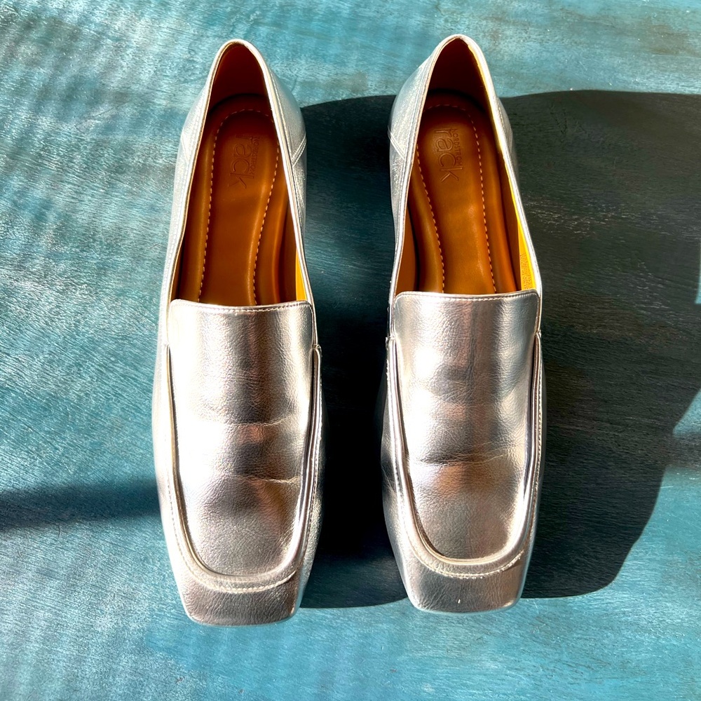 Silver square toe 9.5 loafer style flats Nordstrom Rack. Never worn.